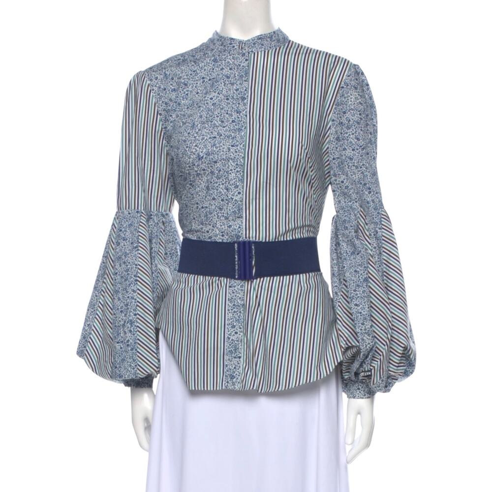 Silvia Tcherassi Celestia Belted Puff Sleeve Striped White Blue Blouse Size M - Picture 4 of 16